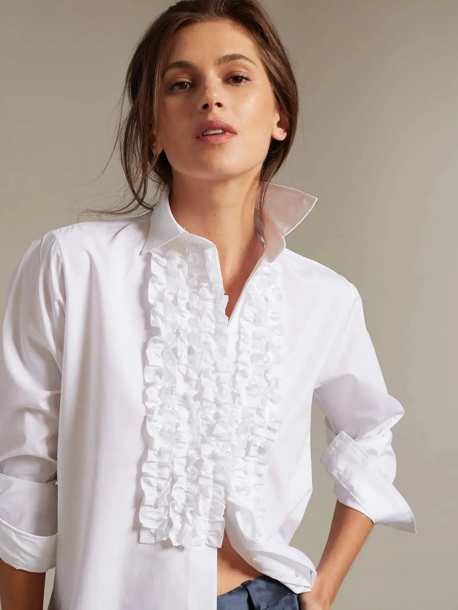 Women's Ruffle Front Cotton Shirt In White Nigel Curtiss