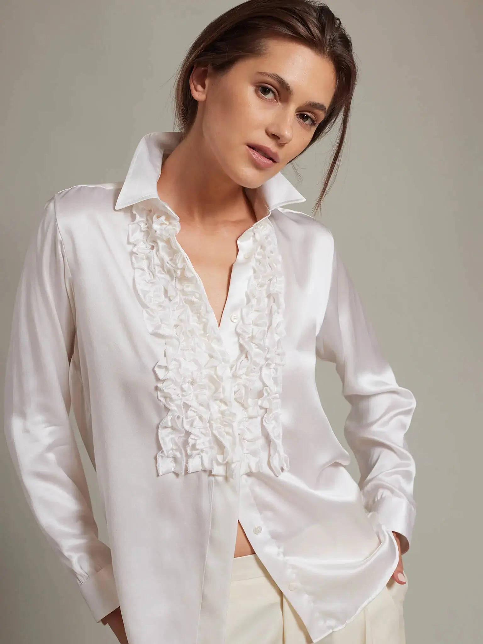 Women's Ruffle Front Silk Shirt In Ivory Nigel Curtiss