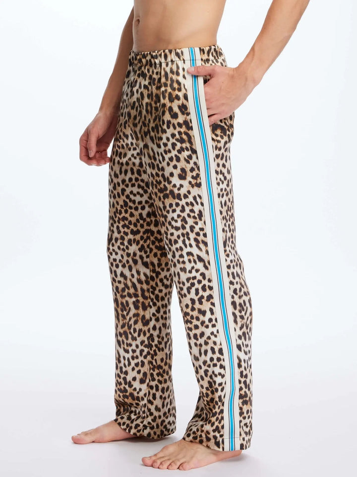 Men's Leopard Silk Pajama Pants With Stripe - Nigel Curtiss