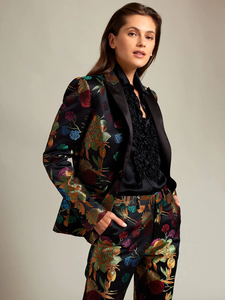 Women's Black Floral Brocade Tuxedo Jacket | Made To Order - Nigel Curtiss