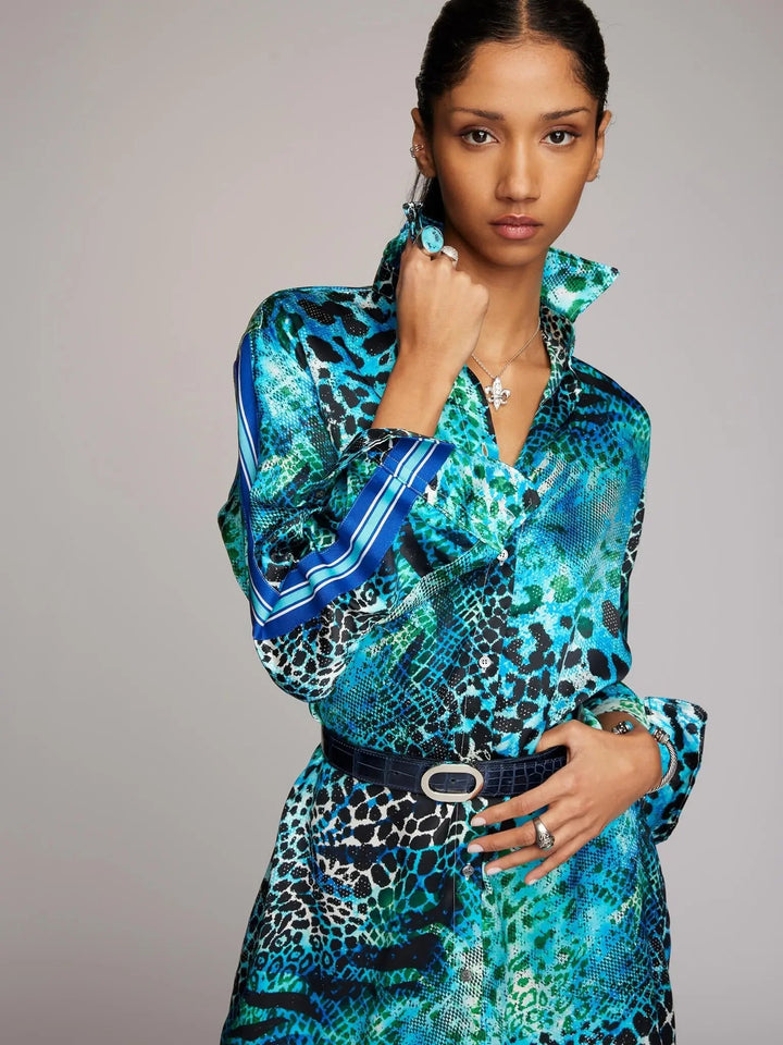 Women's Blue And Aqua Leopard Silk Shirt Dress With Stripe - Nigel Curtiss