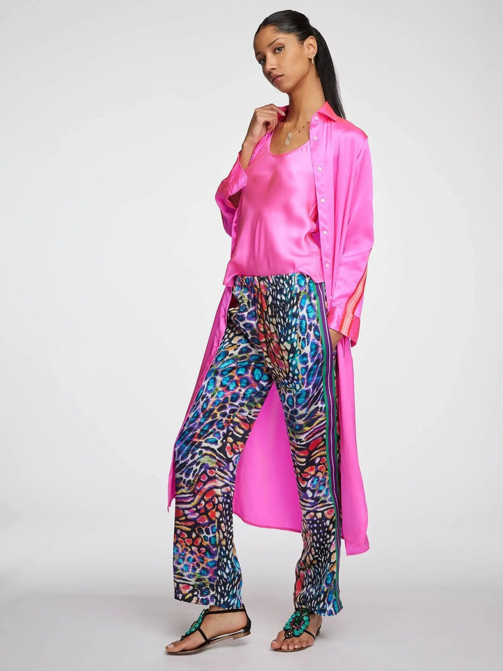 Women's Glossy Fuchsia Pink Silk Shirt Dress With Stripe - Nigel Curtiss