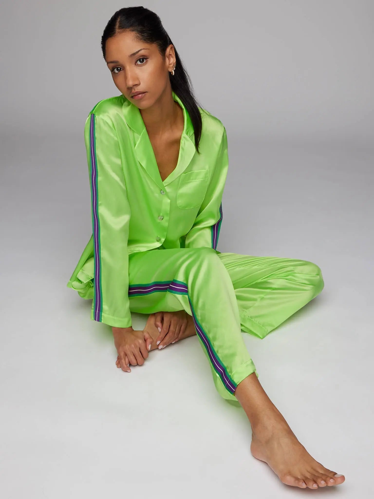 Women's Glossy Lime Green Silk Pajama Set With Stripe