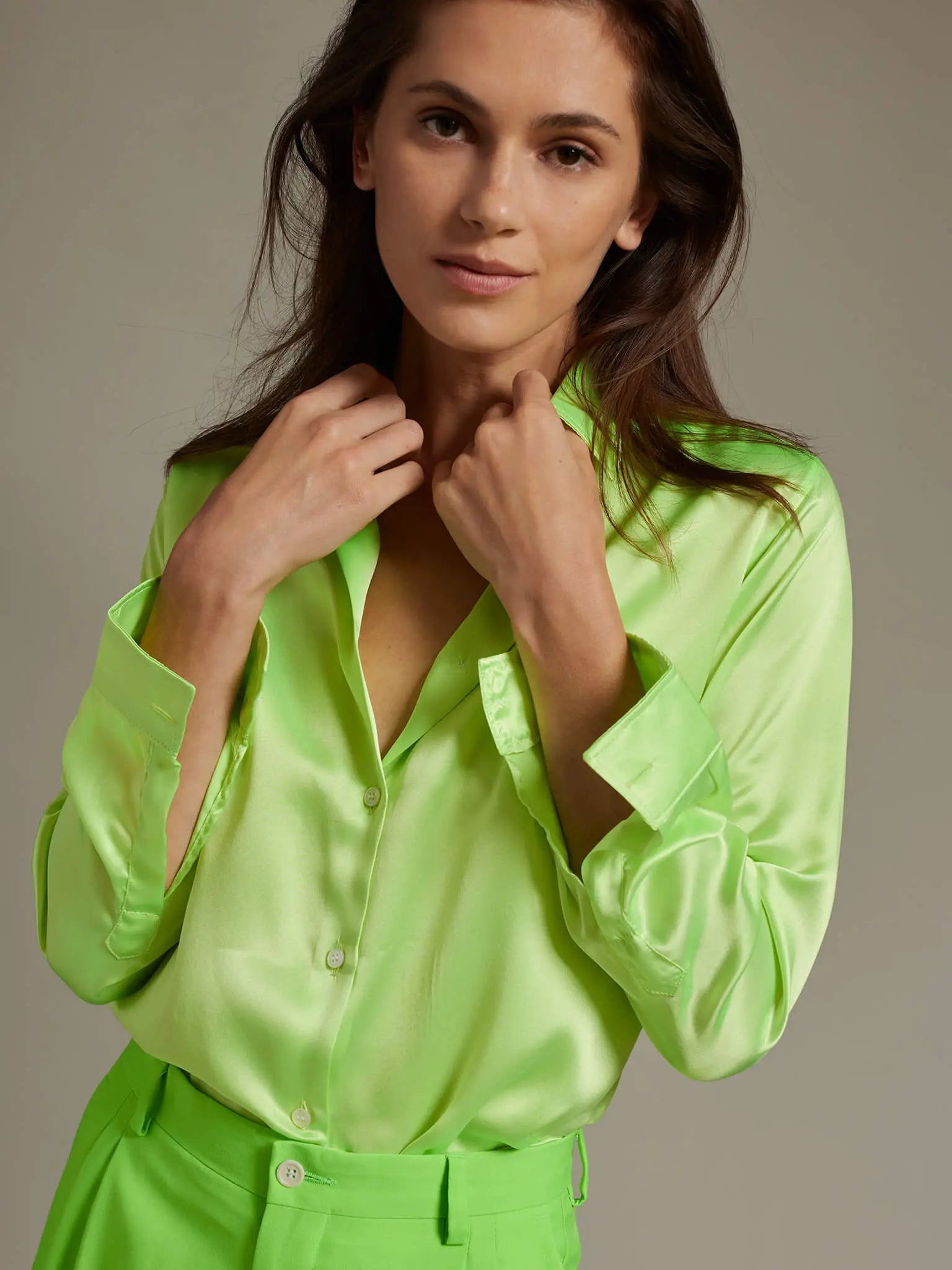 Women’s Glossy Silk Shirt In Lime Green