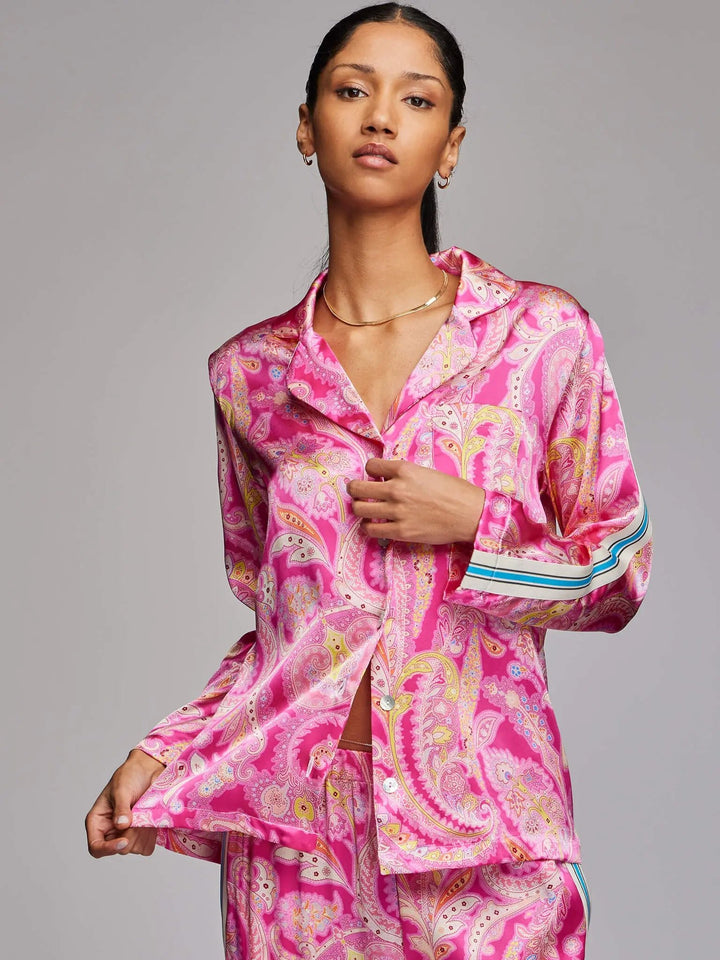Women's Pink Palm Beach Paisley Silk Pajama Set With Stripe - Nigel Curtiss