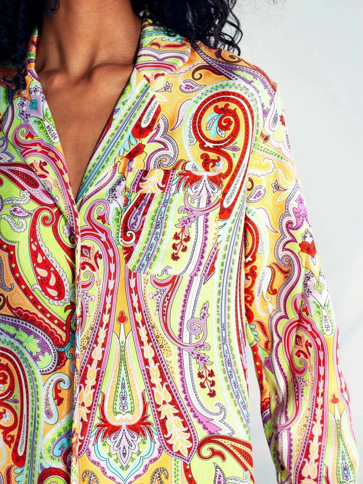 Women's Tangerine Paisley Silk Pajama Set With Stripe - Nigel Curtiss