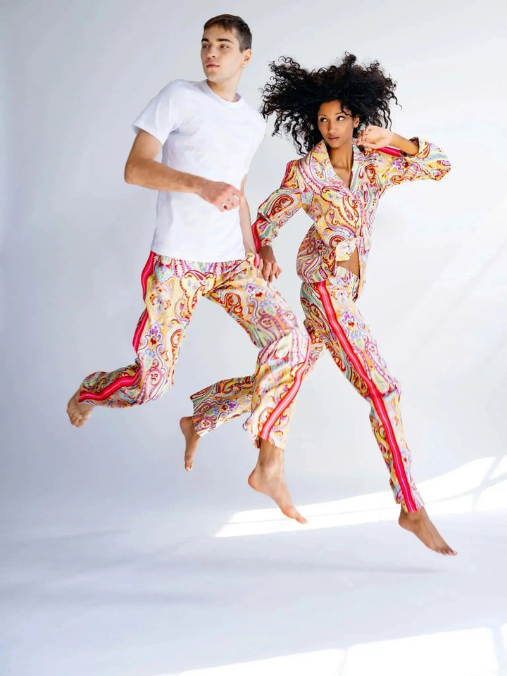 Women's Tangerine Paisley Silk Pajama Set With Stripe - Nigel Curtiss