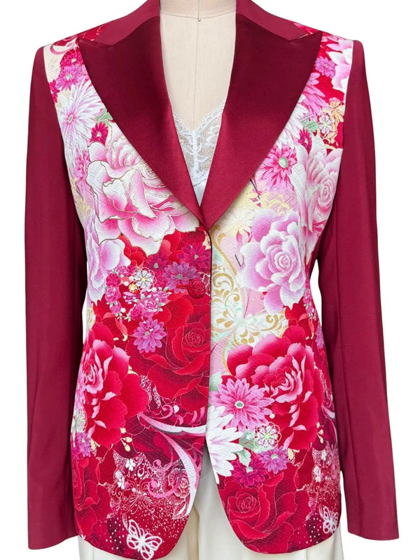 Front view of GARNET AND BLOOMS KIMONO JACKET with silk panels and satin lapels- Nigel Curtiss