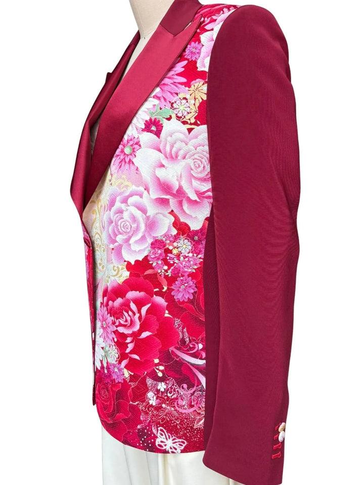 Side view of the GARNET AND BLOOMS KIMONO JACKET with plain garnet arms and covered buttons- Nigel Curtiss