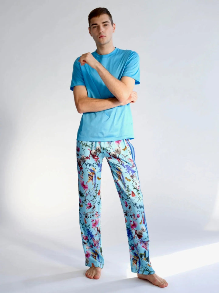 Men's Birds And Butterflies Silk Pajama Pant With Stripe - Nigel Curtiss