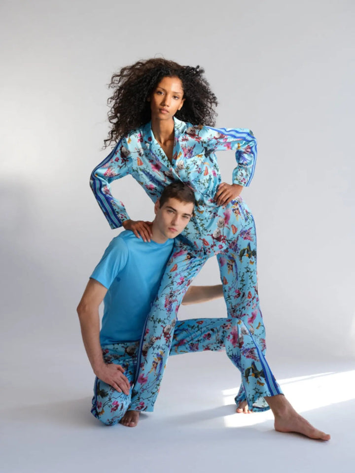 Men's Birds And Butterflies Silk Pajama Pant With Stripe - Nigel Curtiss