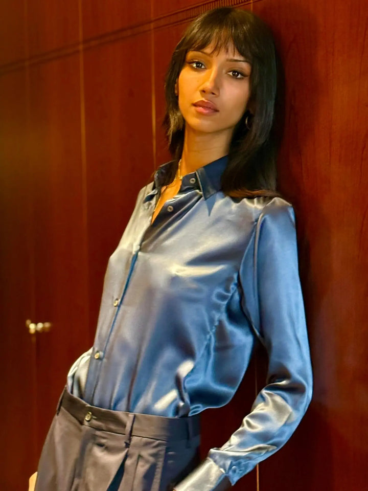 WOMEN'S AIR FORCE BLUE SILK SHIRT - Nigel Curtiss