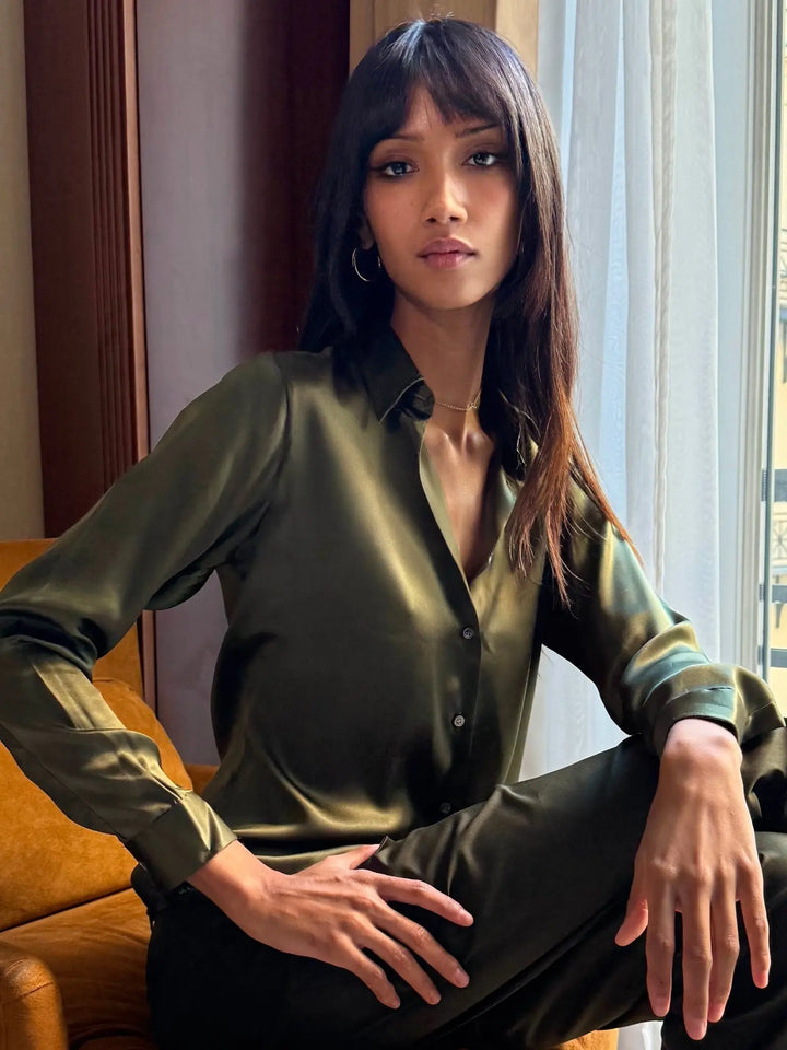WOMEN'S ARMY GREEN SILK SHIRT - Nigel Curtiss