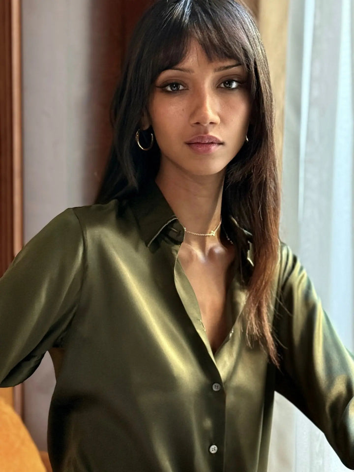 WOMEN'S ARMY GREEN SILK SHIRT - Nigel Curtiss