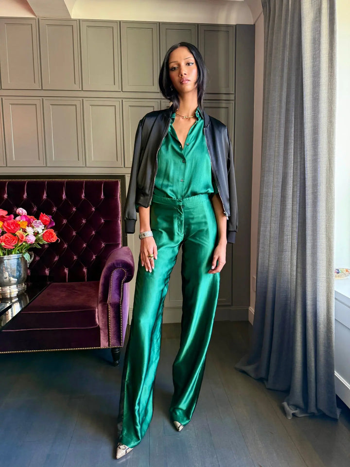 WOMEN'S EMERALD AND BLACK SILK PANT - Nigel Curtiss