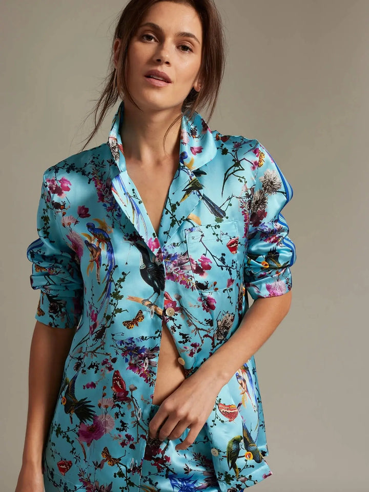Women's Birds And Butterflies Silk Pajama Set With Stripe - Nigel Curtiss