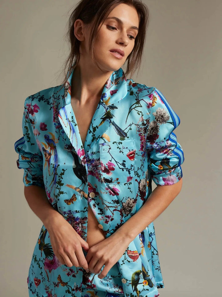 Women's Birds And Butterflies Silk Pajama Set With Stripe - Nigel Curtiss