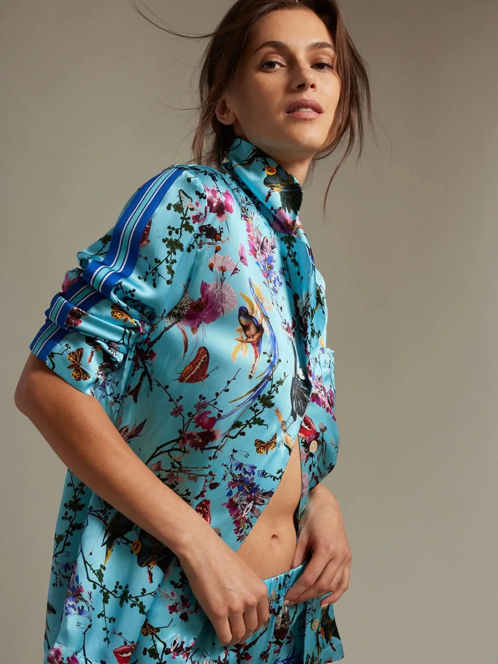 Women's Birds And Butterflies Silk Pajama Set With Stripe - Nigel Curtiss
