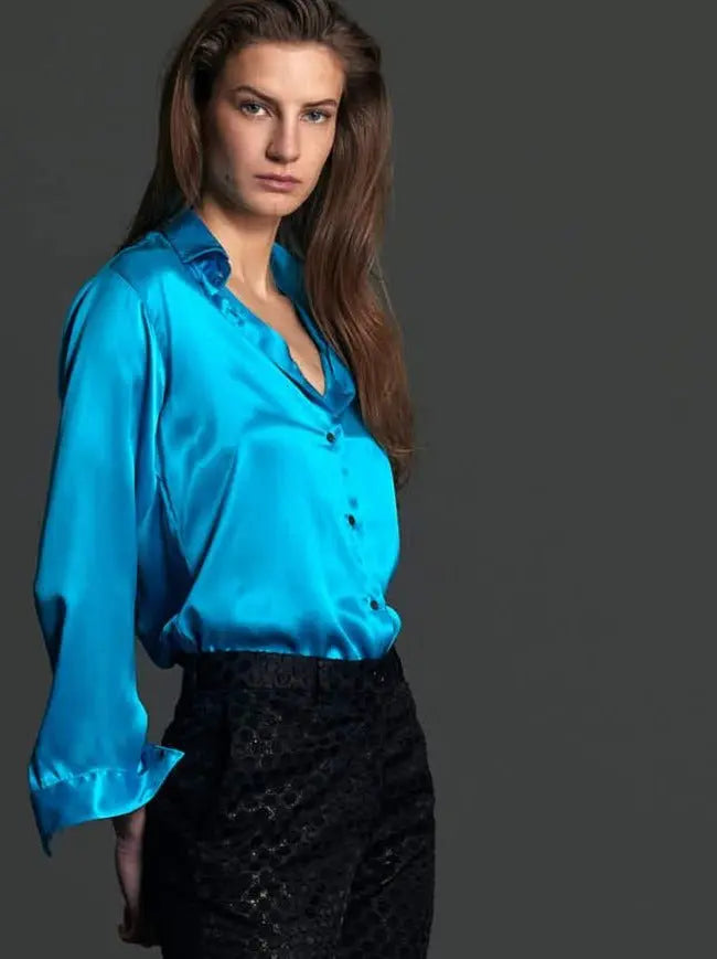 Women's Glossy Silk Shirt in Turquoise - Nigel Curtiss