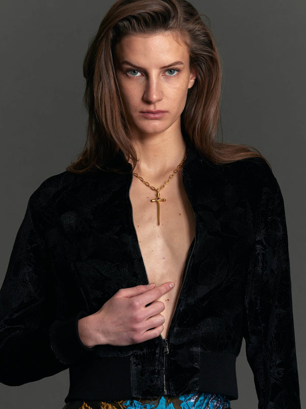 Black Floral Velvet Bomber Jacket - Nigel Curtiss