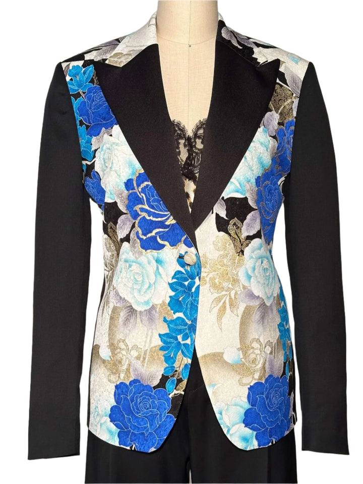 BLACK KIMONO JACKET WITH BLUE AND WHITE FLOWERS - Nigel Curtiss