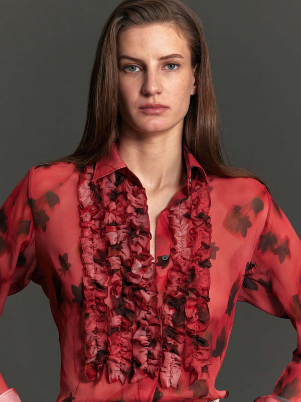 Ruffle Front Shirt in Coral Cherry Blossom - Nigel Curtiss