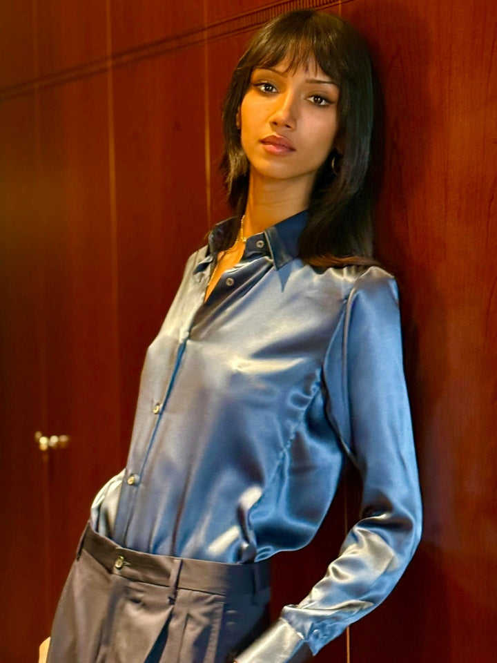 WOMEN'S AIR FORCE BLUE SILK SHIRT - Nigel Curtiss