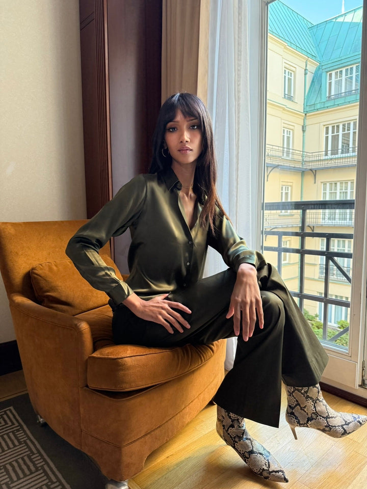 WOMEN'S ARMY GREEN SILK SHIRT - Nigel Curtiss