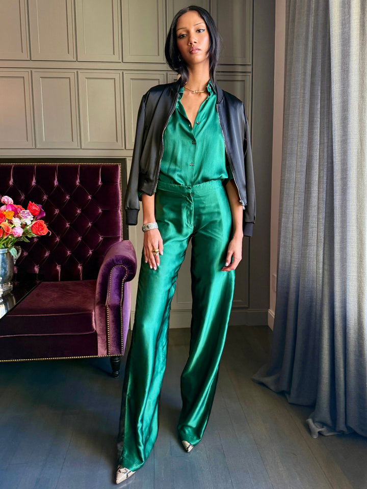 WOMEN'S EMERALD GREEN GLOSSY SILK SHIRT - Nigel Curtiss