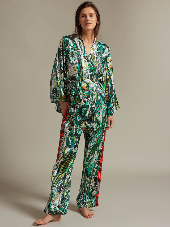 Women's Emerald Paisley Silk Pajama Pant With Stripe - Nigel Curtiss