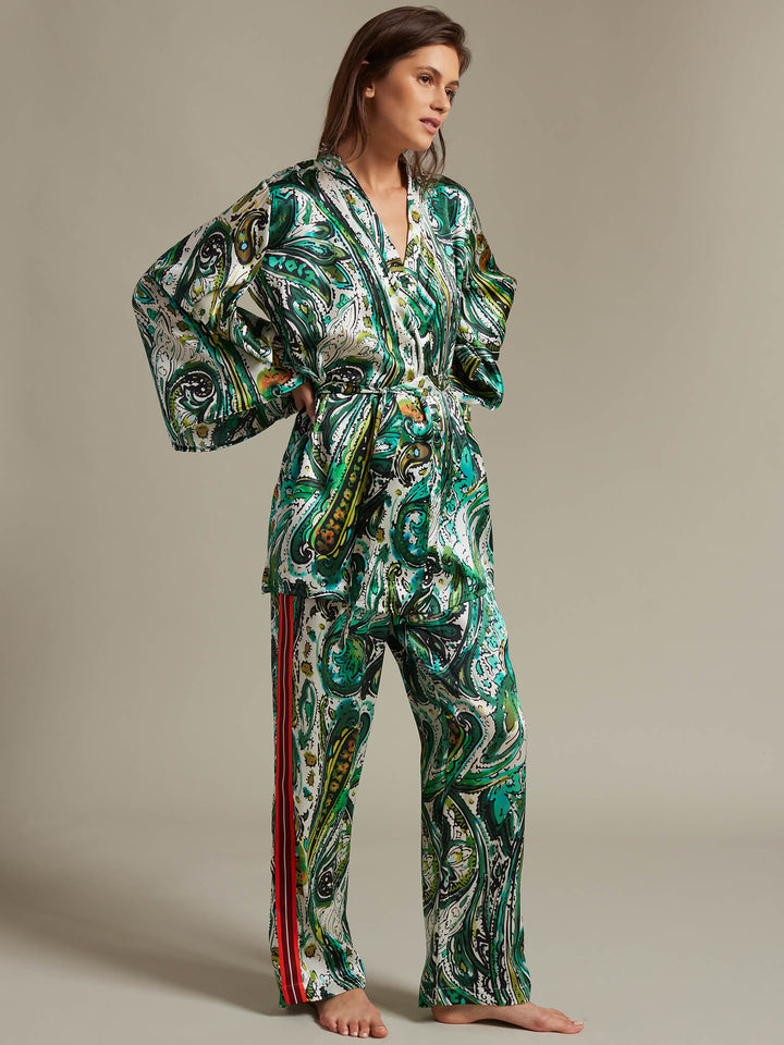 Women's Emerald Paisley Silk Pajama Pant With Stripe - Nigel Curtiss