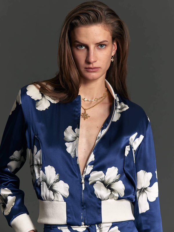 Women's Satin Bomber Jacket in Navy and Cream Hibiscus - Nigel Curtiss