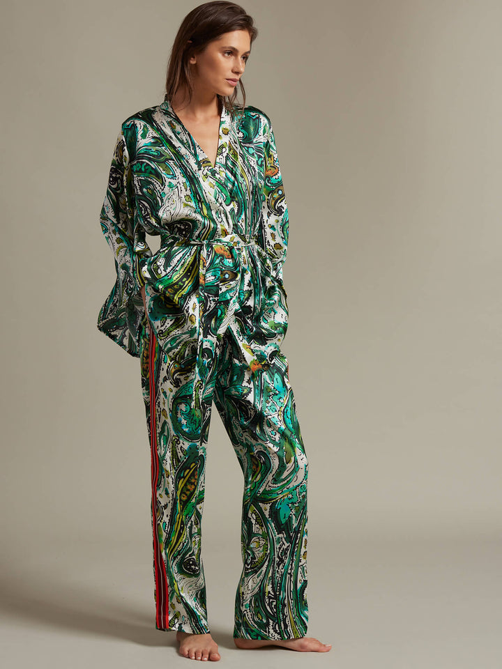Women's Short Kimono Wrap in Emerald Paisley - Nigel Curtiss