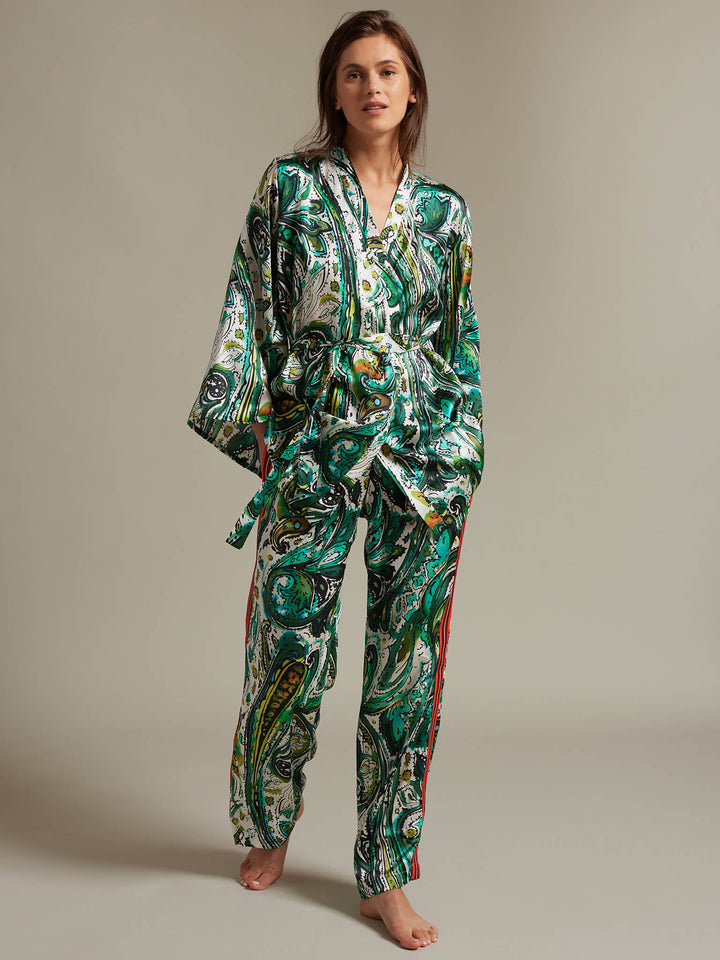 Women's Short Kimono Wrap in Emerald Paisley - Nigel Curtiss