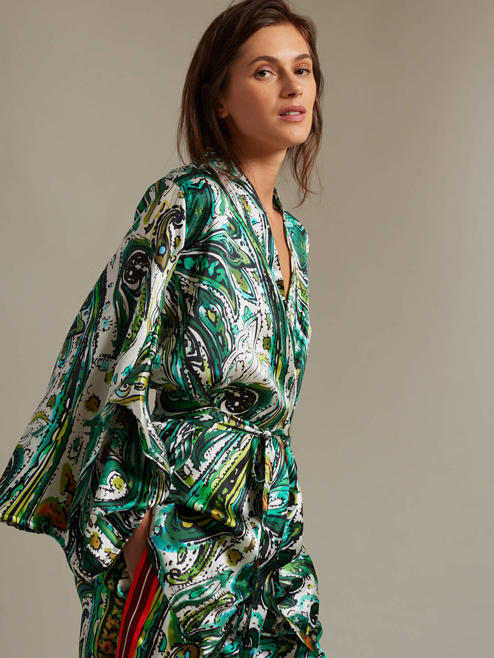 Women's Short Kimono Wrap in Emerald Paisley - Nigel Curtiss