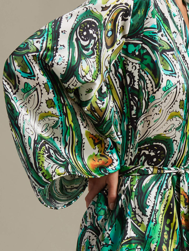 Women's Short Kimono Wrap in Emerald Paisley - Nigel Curtiss