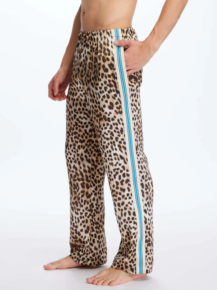 Men's Leopard Silk Pajama Pants With Stripe Nigel Curtiss