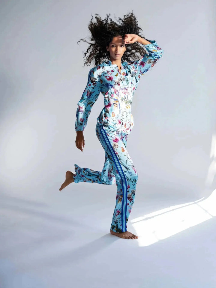 Women's Birds And Butterflies Silk Pajama Set With Stripe - Nigel Curtiss