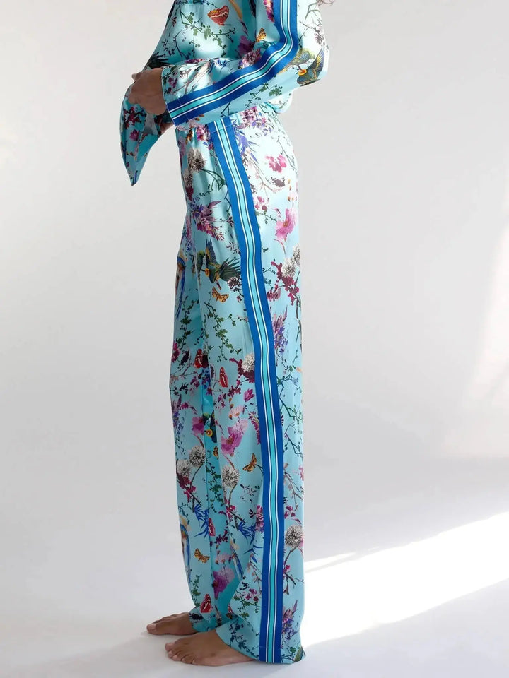 Women's Birds And Butterflies Silk Pajama Set With Stripe - Nigel Curtiss
