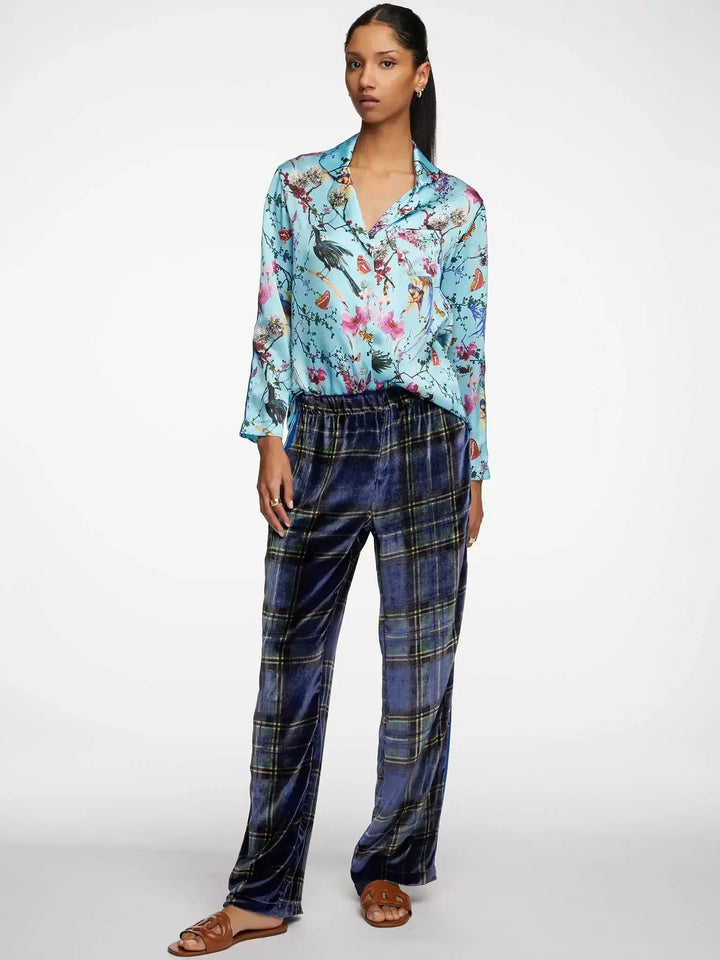 Women's Birds And Butterflies Silk Pajama Set With Stripe - Nigel Curtiss