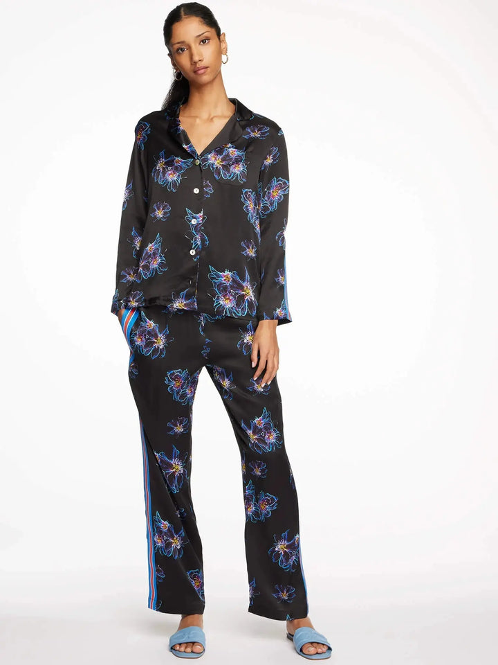 Women's Blue Jellyfish Floral Silk Pajama Set With Stripe - Nigel Curtiss