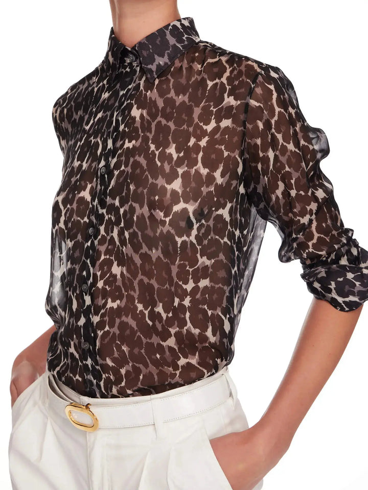 Women's Leopard Silk Chiffon Blouse In Brown - Nigel Curtiss