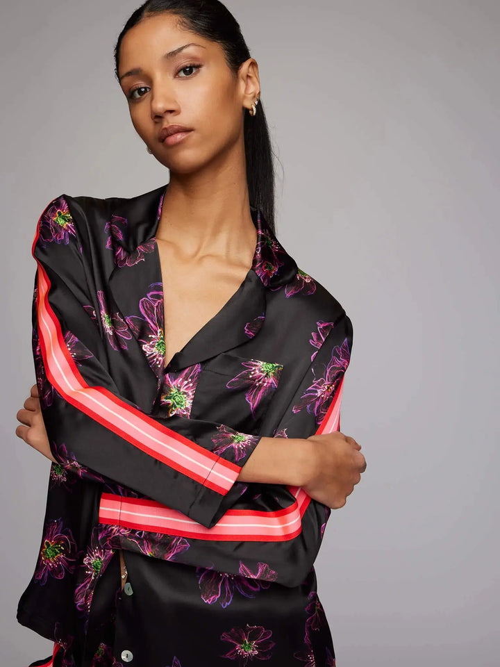 Women's Magenta Jellyfish Floral Silk Pajama Set With Stripe - Nigel Curtiss