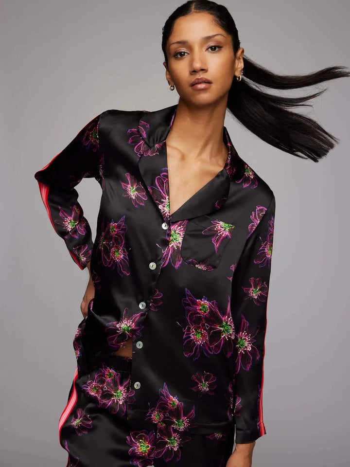 Women's Magenta Jellyfish Floral Silk Pajama Set With Stripe - Nigel Curtiss