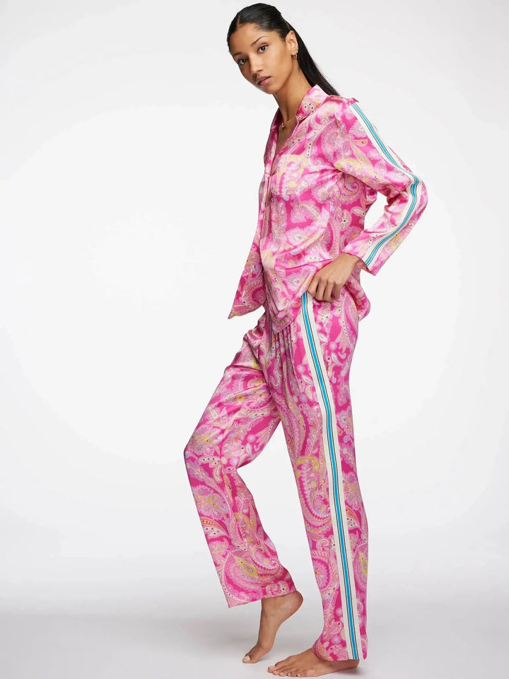 Women's Pink Palm Beach Paisley Silk Pajama Set With Stripe - Nigel Curtiss