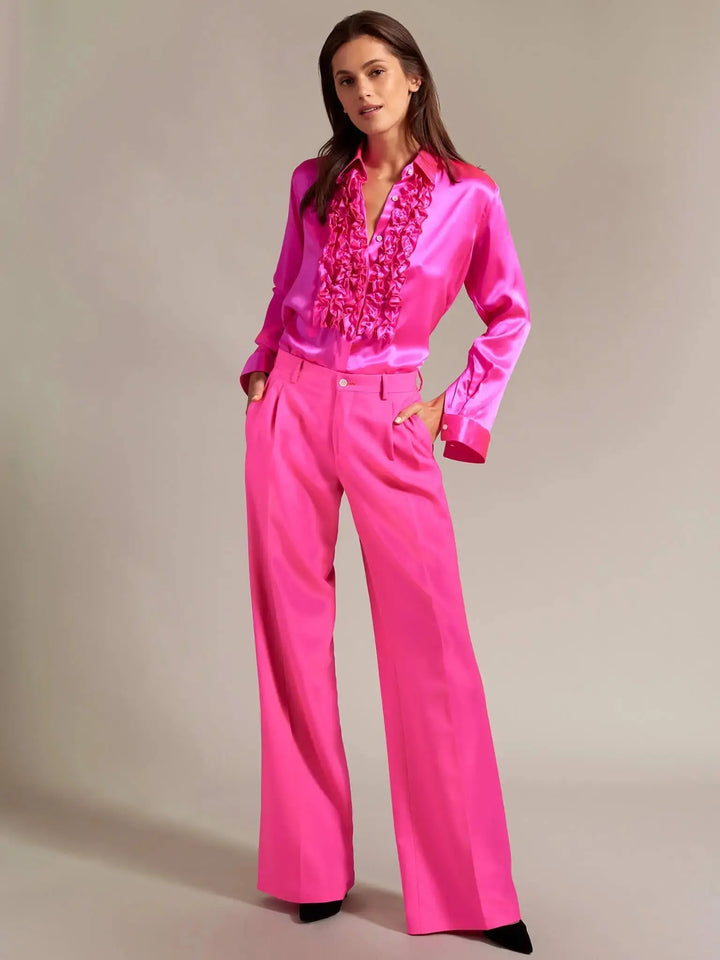 Women's Ruffle Front Silk Shirt In Fuchsia Pink - Nigel Curtiss