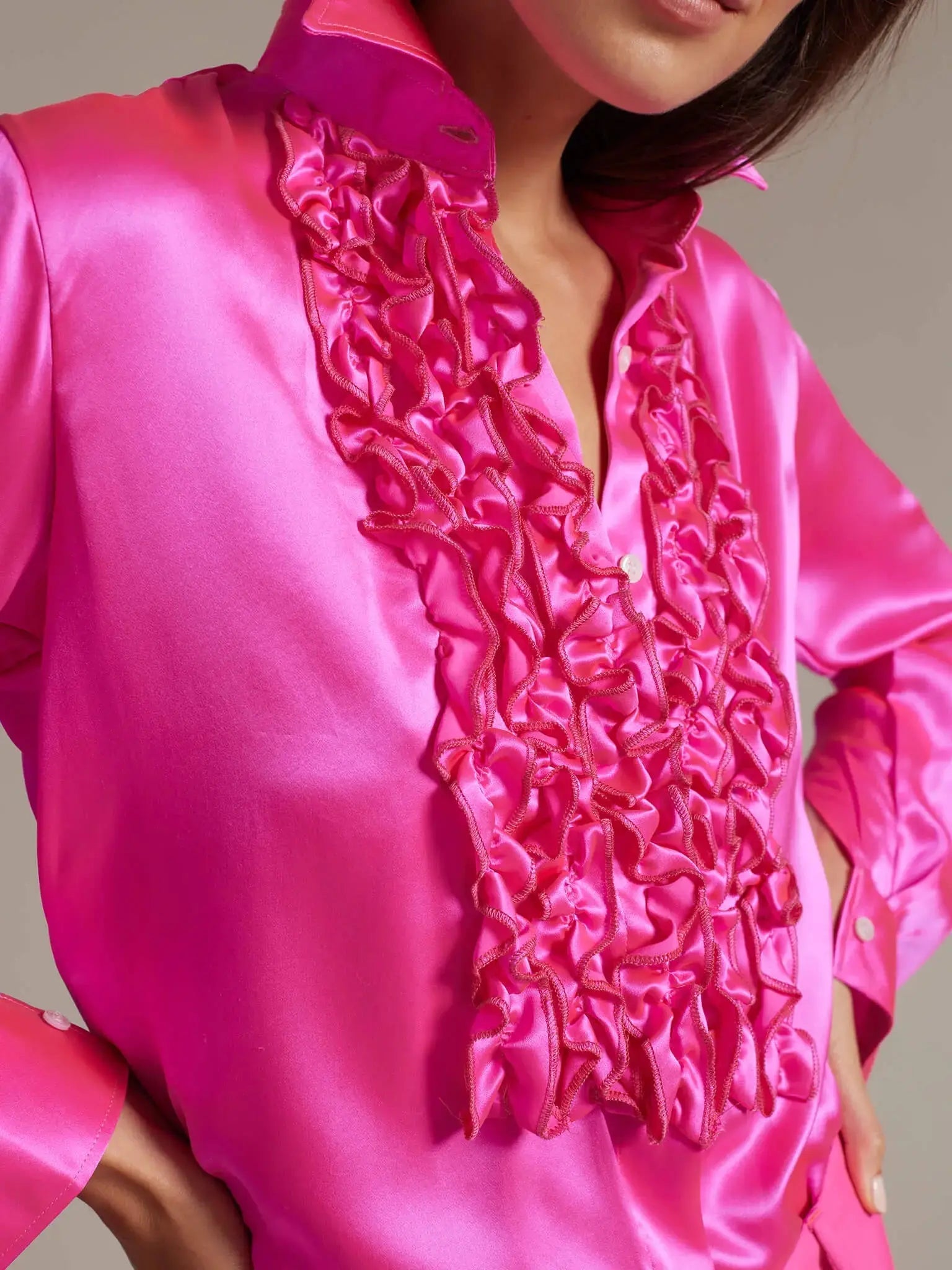 Women's Ruffle Front Silk Shirt In Fuchsia - Nigel Curtiss