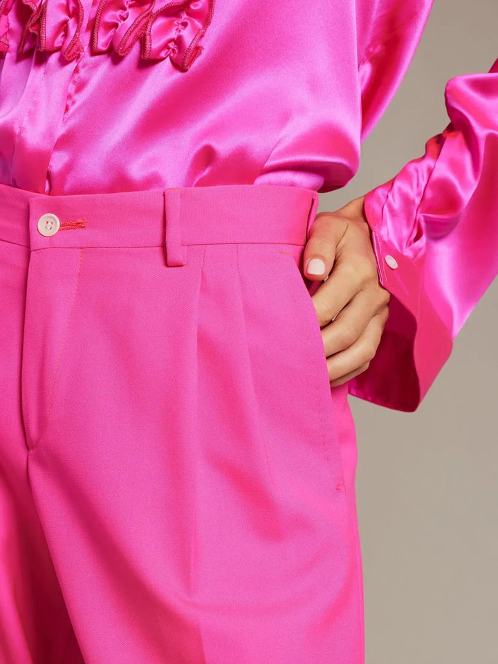 Women's Ruffle Front Silk Shirt In Fuchsia Pink - Nigel Curtiss