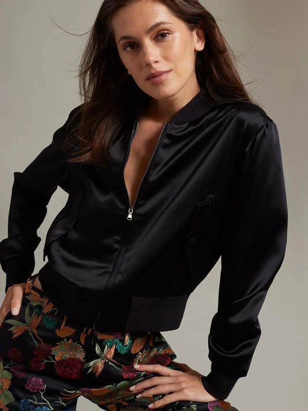 Women's Satin Bomber Jacket In Black - Nigel Curtiss
