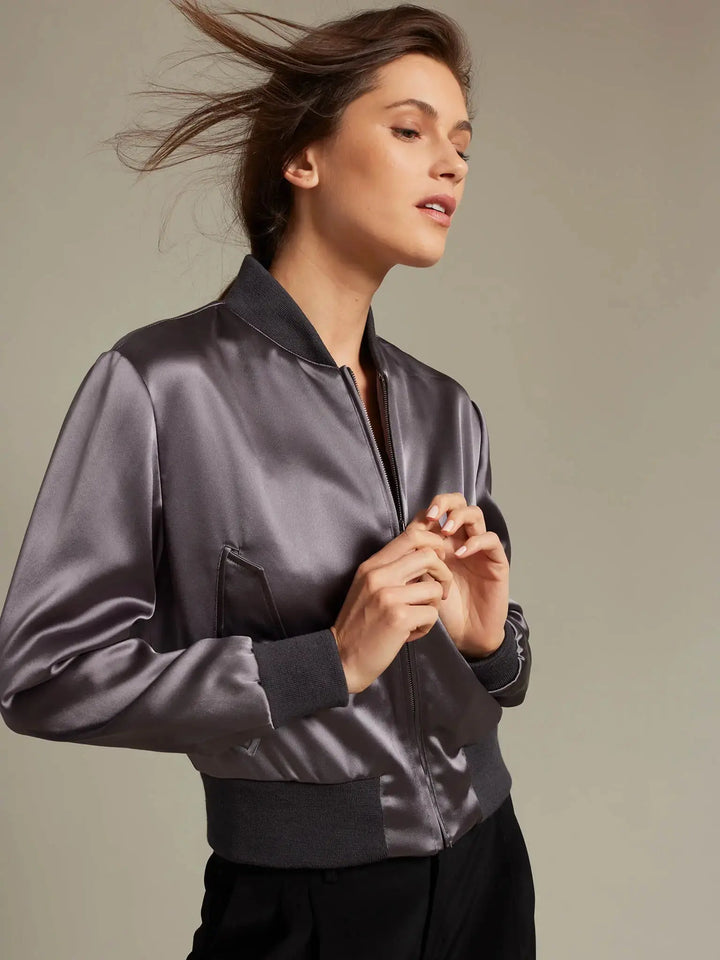 Women's Satin Bomber Jacket In Charcoal - Nigel Curtiss